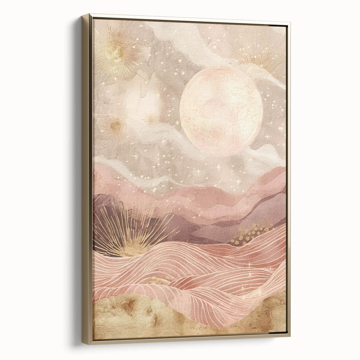 Framed abstract landscape wall art with gold accents, showcasing vibrant colors and dynamic shapes, perfect for modern home decor. The side view highlights its elegant frame and canvas texture.