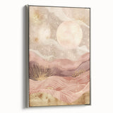 Framed wall art depicting an abstract landscape design with muted colors, showcasing a silver frame side view, perfect for modern home decor.