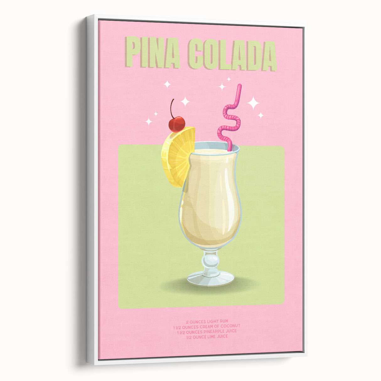 Vintage poster art of colorful food and drinks on a large framed canvas, ideal for living room decor.