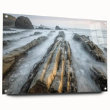 Acrylic glass landscape artwork showcasing a serene beach scene, displayed from a side view with decorative push pins for mounting, ideal for coastal-themed decor.