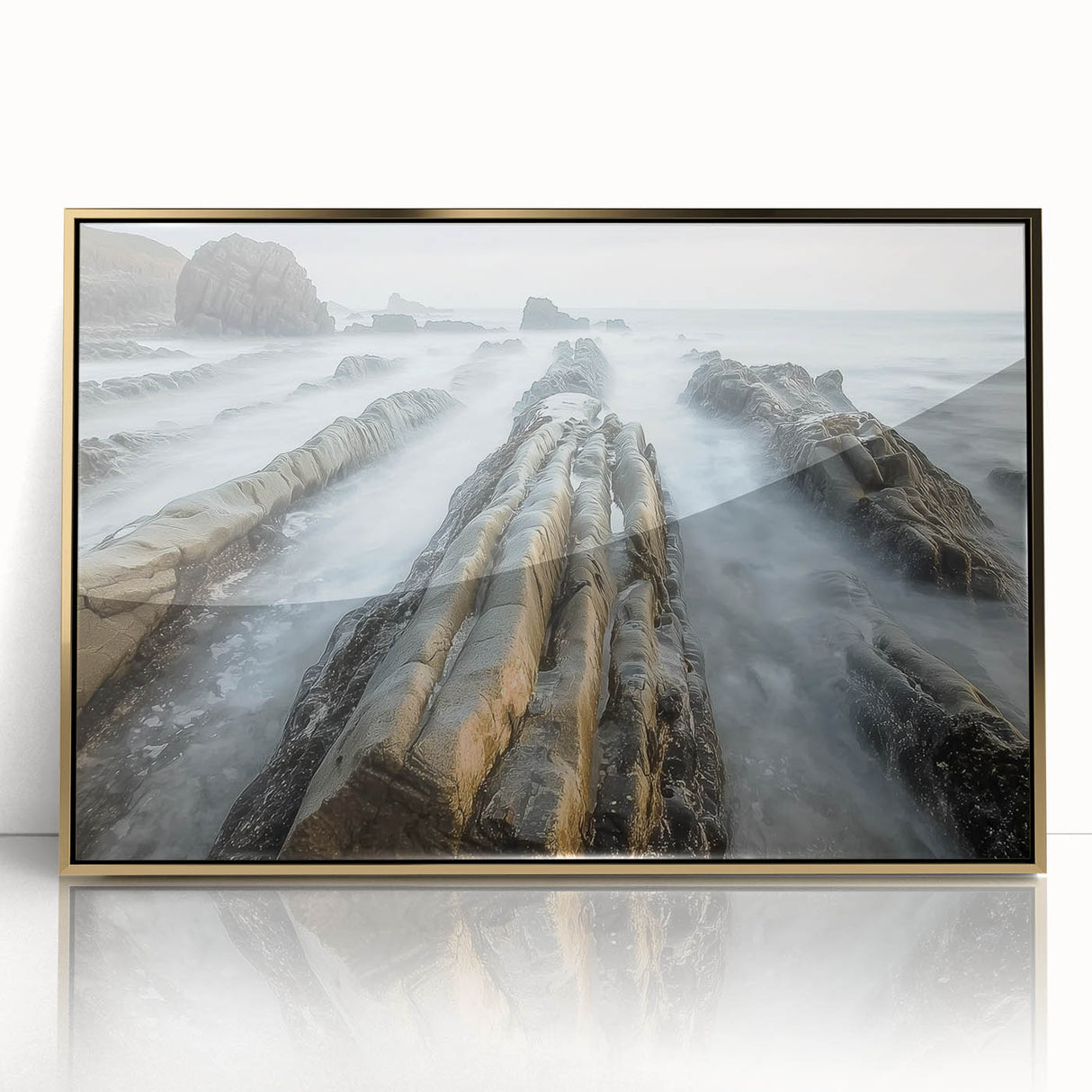Framed acrylic artwork showcasing a serene beach landscape with vibrant colors and gold accents, perfect for enhancing coastal-themed home decor.