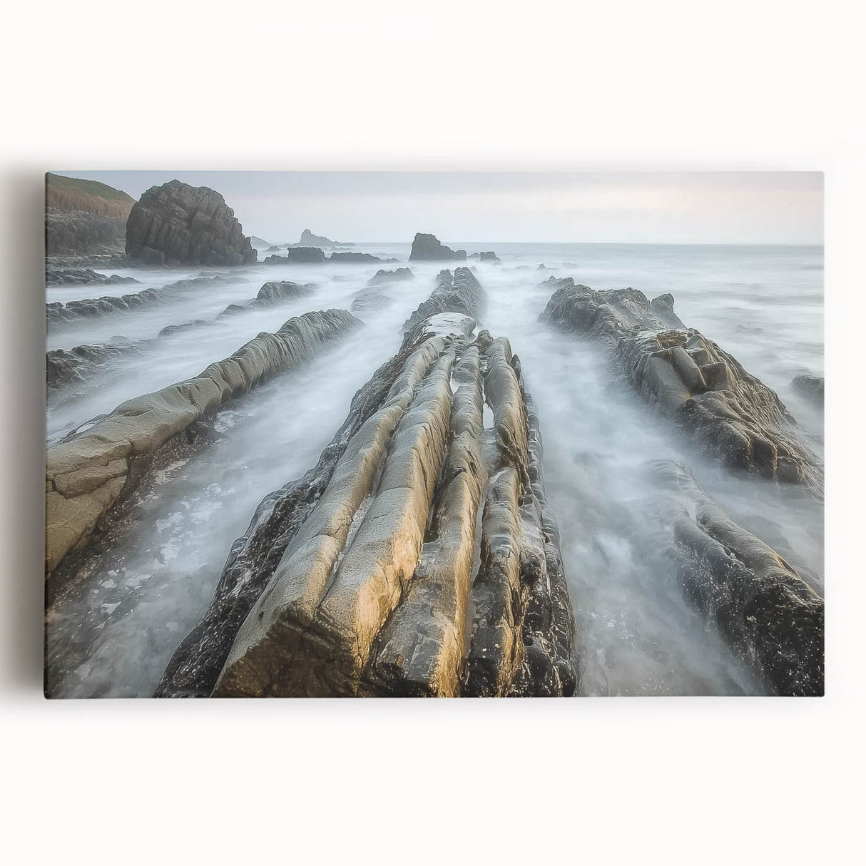 Stretched canvas artwork depicting a serene beach landscape with vibrant colors, showcasing gentle waves and a clear sky, ideal for coastal-themed home decor.