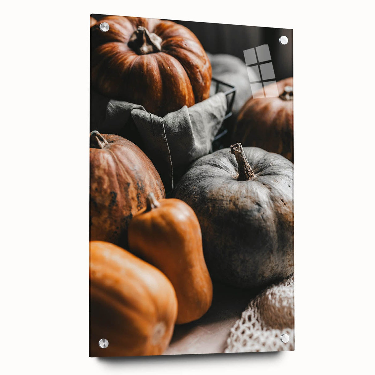 Large abstract wall art depicting autumnal trees in red and orange hues on acrylic glass.
