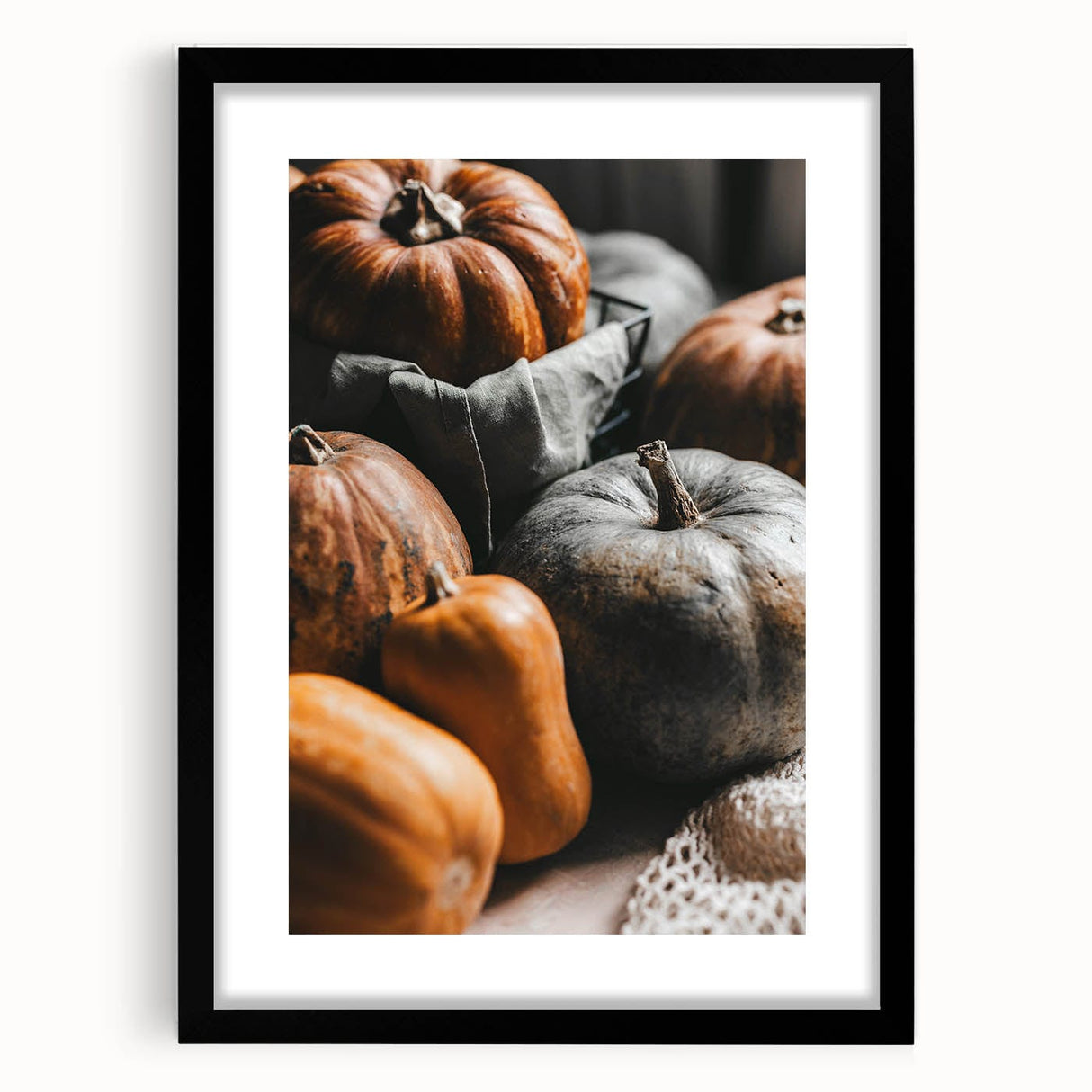 Extra large abstract art print featuring vibrant autumn hues on a textured canvas, framed in black.