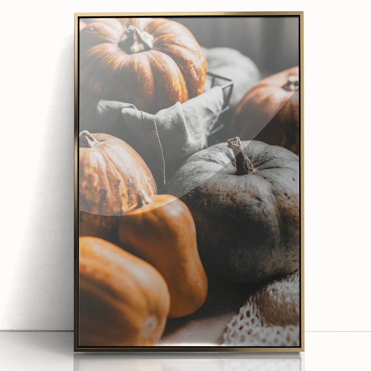 Large art print of a mid-century modernist autumn scene in gold and orange tones, framed acrylic.