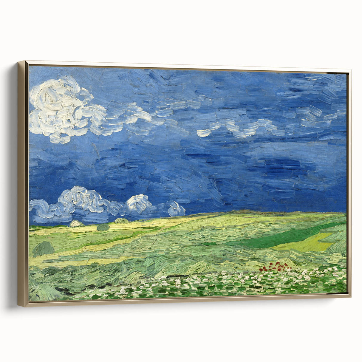 Gold-framed canvas depicting a Van Gogh-style landscape in dark hues, ideal for bedroom wall art.