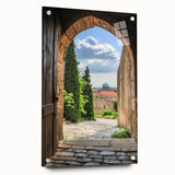 Acrylic glass artwork of a scenic landscape featuring a majestic castle, showcased in a side view with decorative pins, ideal for home decor enthusiasts.