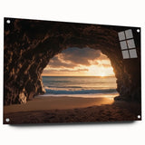 Acrylic glass artwork displaying a vibrant landscape scene with intricate cave details, pinned against a white wall, ideal for modern home decor.
