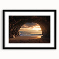 Framed landscape artwork showcasing a serene cave scene with intricate details, set in a sleek black frame and mat, perfect for modern home decor.