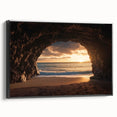 Framed canvas artwork showcasing a stunning cave landscape in rich earth tones, featuring black edges and a side view perspective, perfect for modern decor.