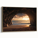 Framed canvas art featuring a stunning landscape view of caves, accented with a gold frame, perfect for modern home decor and enhancing interior aesthetics.