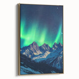 Framed canvas artwork depicting a scenic landscape with dramatic cliffs, featuring a gold frame that enhances the visual appeal and elegance of the piece.