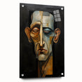 Abstract figurative acrylic artwork displayed in a glass frame, showcasing vibrant colors and intricate details, with decorative pins enhancing its presentation.