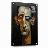 Abstract figurative acrylic artwork displayed in a glass frame, showcasing vibrant colors and intricate details, with decorative pins enhancing its presentation.