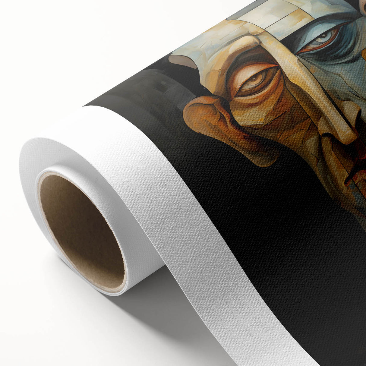 Abstract figurative rolled canvas artwork showcasing vibrant colors and dynamic shapes, designed for modern home decor, presented in protective cardboard packaging.