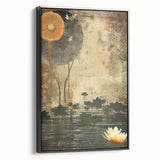 Framed canvas wall art showcasing an abstract floral design with vibrant colors, set against a sleek black frame, viewed from the side for depth and detail. Ideal for modern home decor, this piece adds a touch of elegance and creativity to any space.