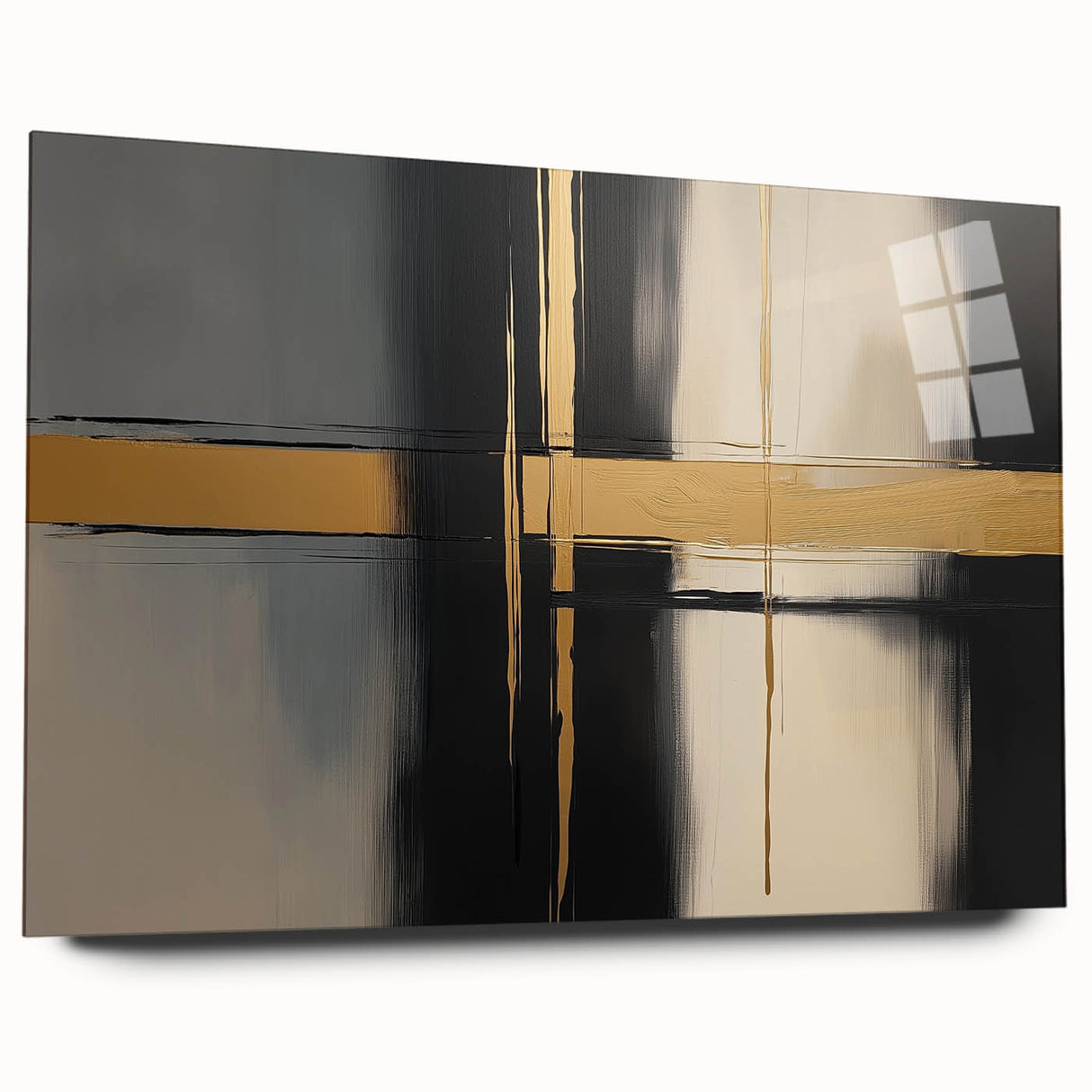 Abstract geometric acrylic glass artwork showcasing bold colors and intricate shapes, designed for modern decor. Side view highlights the sleek finish and unique texture, perfect for contemporary interiors.