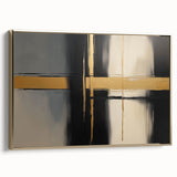 Abstract geometric canvas art in a modern gold frame, showcasing intricate shapes and elegant lines, perfect for contemporary home decor accents.