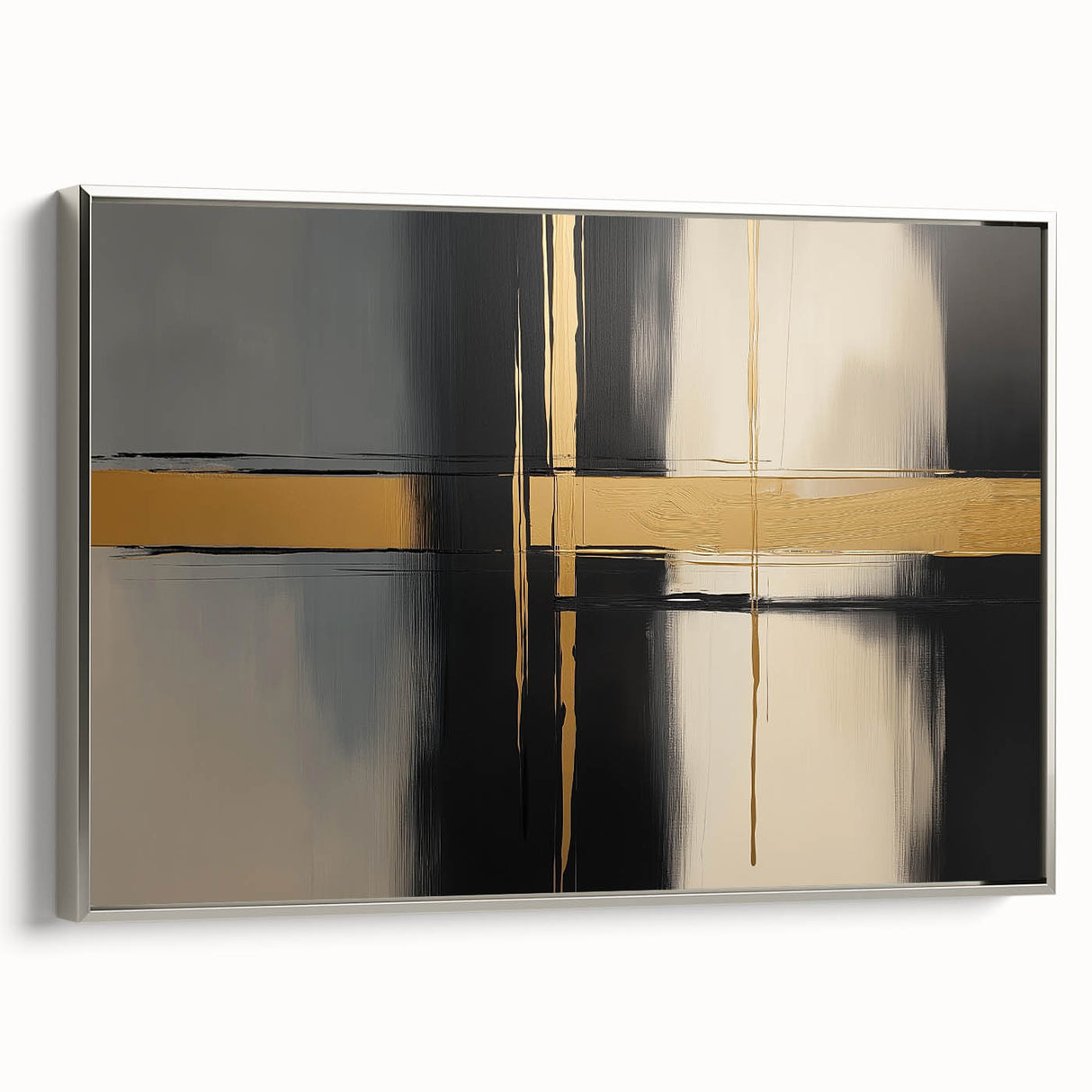 Abstract geometric framed canvas art in silver, showcasing intricate shapes and lines, ideal for modern home decor. Side view highlights its sleek design and elegant finish.