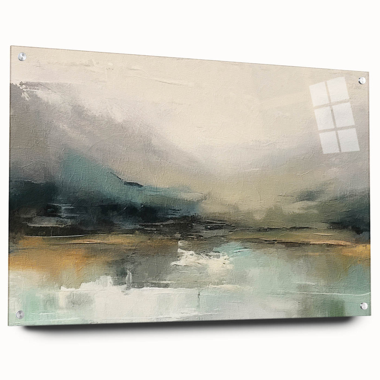 Abstract landscape wall art design displayed in acrylic glass, showcasing vibrant colors and intricate details. Side view highlights pin mounting for an elegant finish.