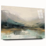 Abstract landscape wall art design displayed in acrylic glass, showcasing vibrant colors and intricate details. Side view highlights pin mounting for an elegant finish.