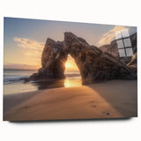 Acrylic glass artwork showcasing a vibrant beach landscape with palm trees and a sunset, viewed from the side, highlighting its sleek design and absence of pins.
