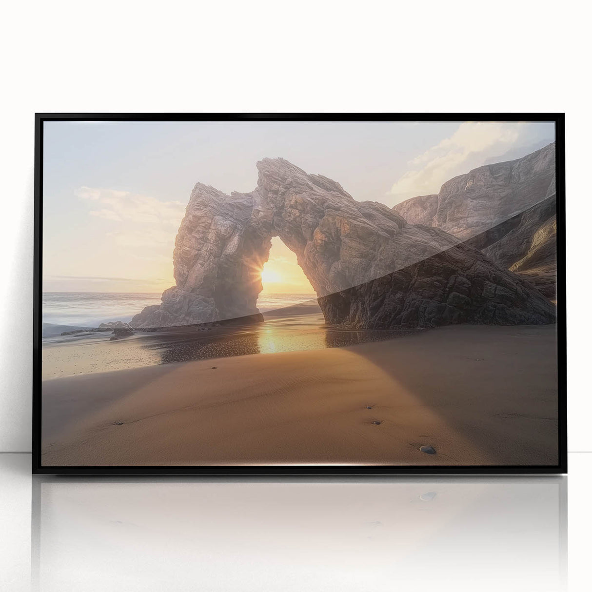 Framed acrylic artwork depicting a serene beach landscape with vibrant colors and a sleek black frame, perfect for enhancing modern home decor and coastal themes.