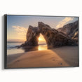 Framed canvas artwork showcasing a vibrant beach landscape with gentle waves and a clear blue sky, presented in a sleek black frame. Ideal for coastal-themed decor.