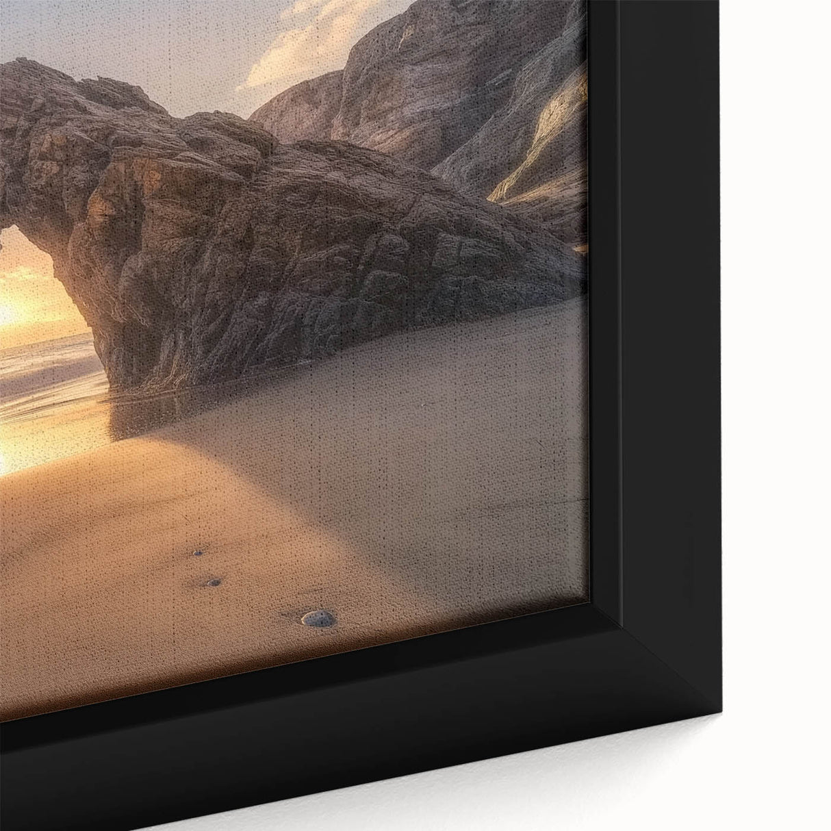 Vibrant close-up of a framed landscape canvas depicting serene beaches with soft waves and golden sand, ideal for enhancing coastal home decor.