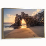 Framed canvas artwork depicting a serene beach landscape with golden hues, showcasing a side view that highlights the elegant frame and vibrant colors. Ideal for coastal home decor.