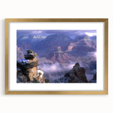 Elegant landscape art print showcasing a stunning canyon scene framed in gold, complete with a white mat. Perfect for home decor, adding a touch of nature's beauty.