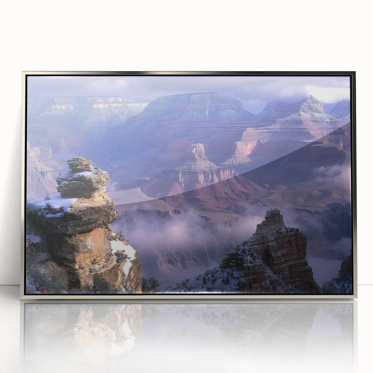Framed acrylic artwork showcasing a stunning landscape of canyons in vibrant colors, perfect for home decor, enhancing walls with natural beauty. The sleek silver frame complements the scenic view, adding an elegant touch to any room.