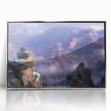 Framed acrylic artwork showcasing a stunning landscape of canyons in vibrant colors, perfect for home decor, enhancing walls with natural beauty. The sleek silver frame complements the scenic view, adding an elegant touch to any room.