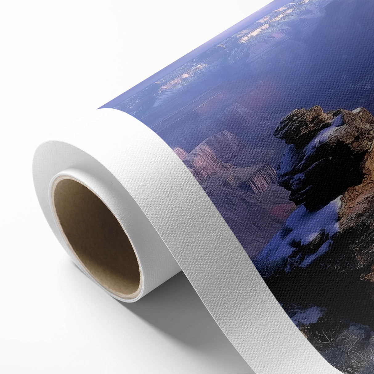 Landscape canvas print showcasing vibrant canyons with rich earthy tones, rolled for easy transport and display, perfect for enhancing home decor.