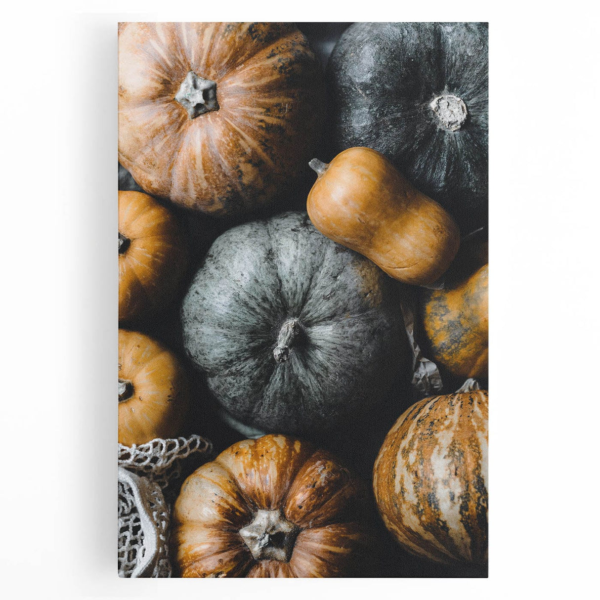 Large black and white stretched canvas depicting an abstract fall scene, suitable for kitchen wall art.