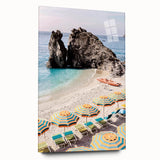 Large abstract wall art in vibrant blue and orange tones on acrylic glass, ideal for bedroom or dining room decor.