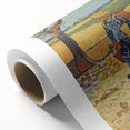 Art deco style poster of a Van Gogh painting on rolled canvas, with vivid blues and yellows, suitable for nursery wall art.