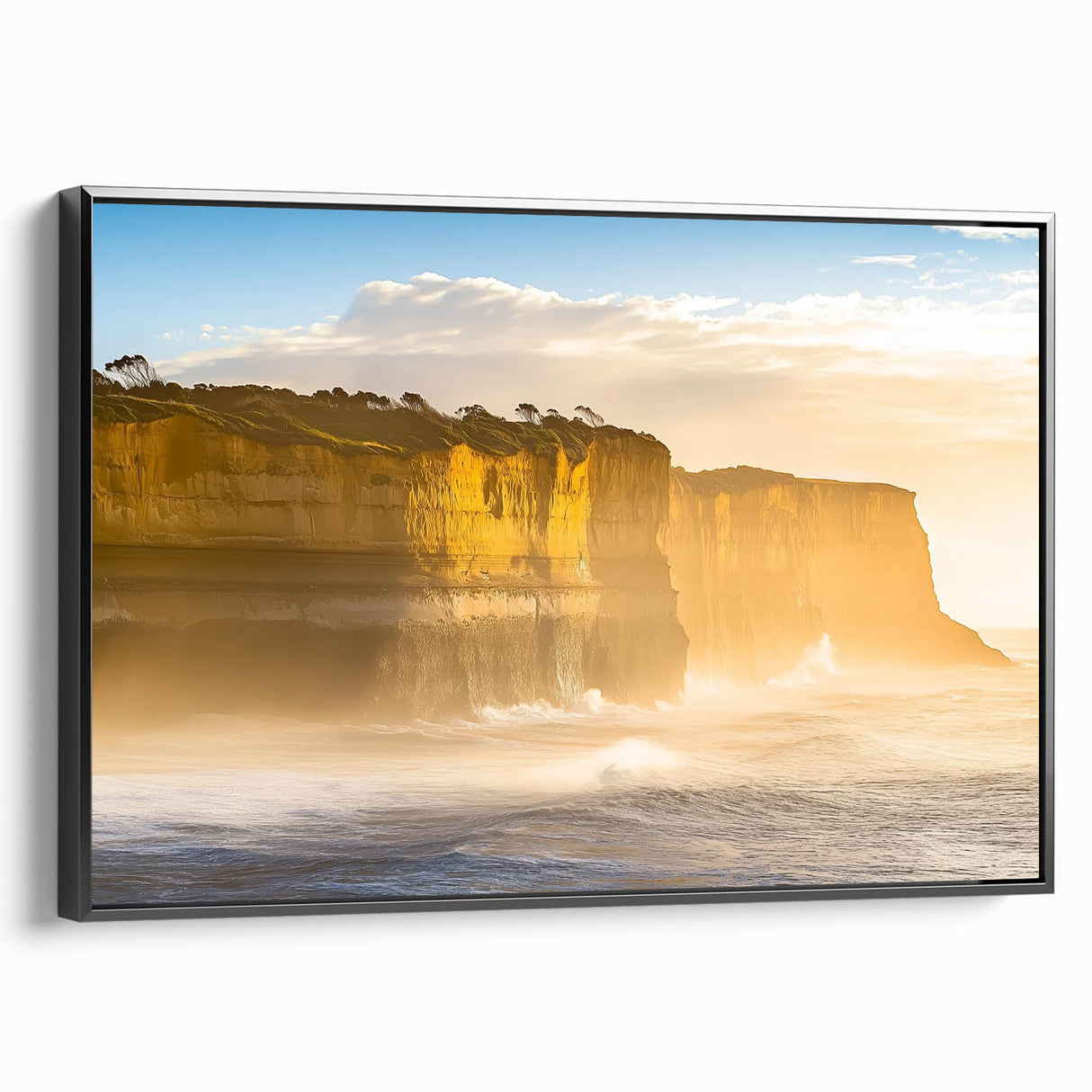 Framed canvas artwork depicting dramatic cliffs and landscapes, featuring a black frame that enhances its modern aesthetic. Perfect for home decor, this piece adds depth and elegance to any interior space.