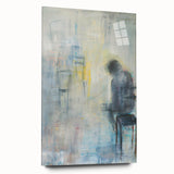 Abstract figurative acrylic artwork displayed in a sleek glass frame, showcasing vibrant colors and dynamic shapes from a side view, perfect for modern decor.