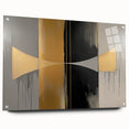 Abstract geometric acrylic glass artwork showcasing vibrant colors and unique shapes, mounted with decorative pins for added dimension and style. Perfect for modern decor.