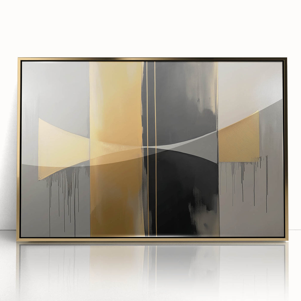 Framed abstract geometric design featuring gold accents on acrylic, ideal for modern decor. Perfect focal point for contemporary interiors and art enthusiasts.