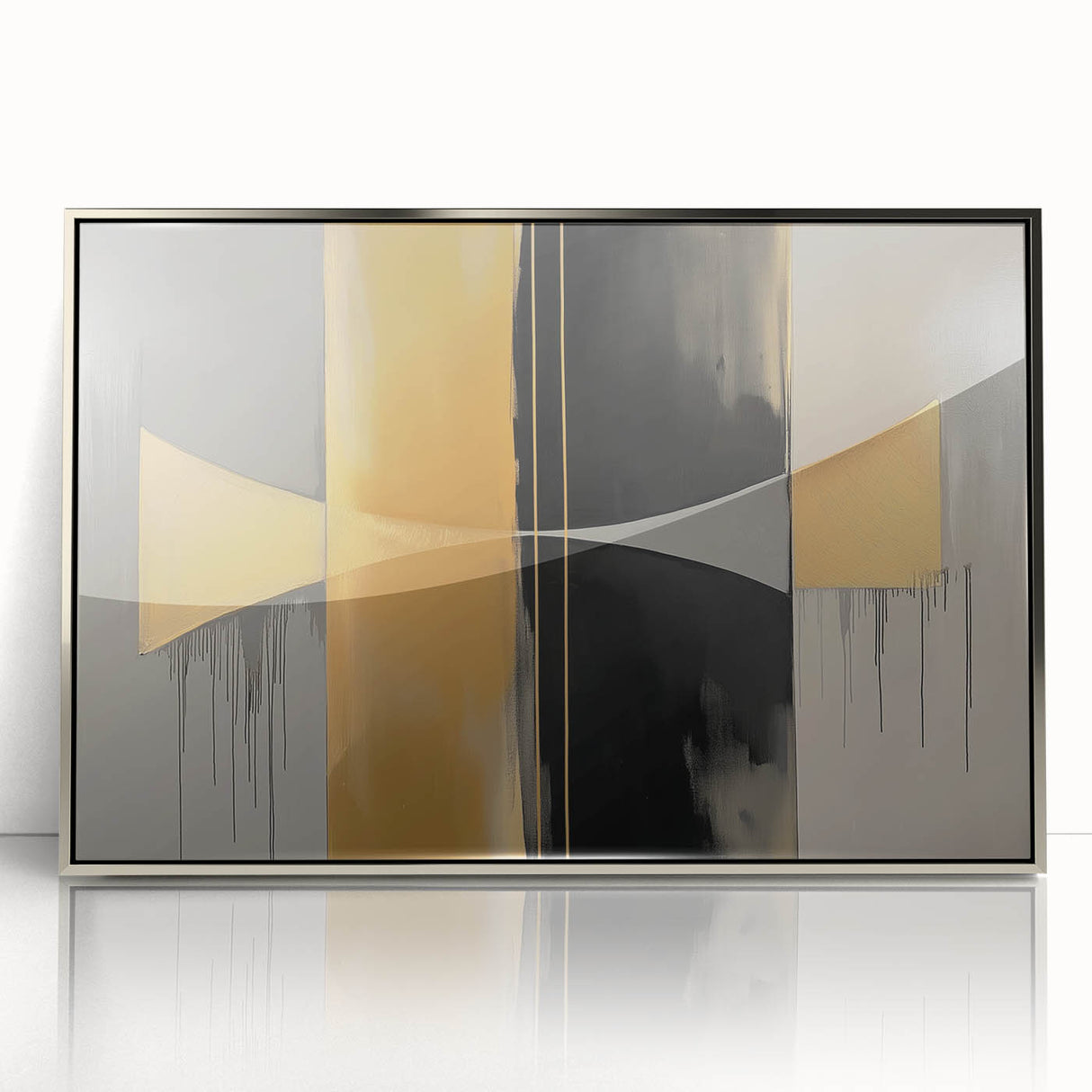Abstract geometric art print in a sleek silver frame, showcasing vibrant colors and intricate shapes, perfect for modern home decor or office spaces.