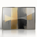 Abstract geometric art print in a sleek silver frame, showcasing vibrant colors and intricate shapes, perfect for modern home decor or office spaces.