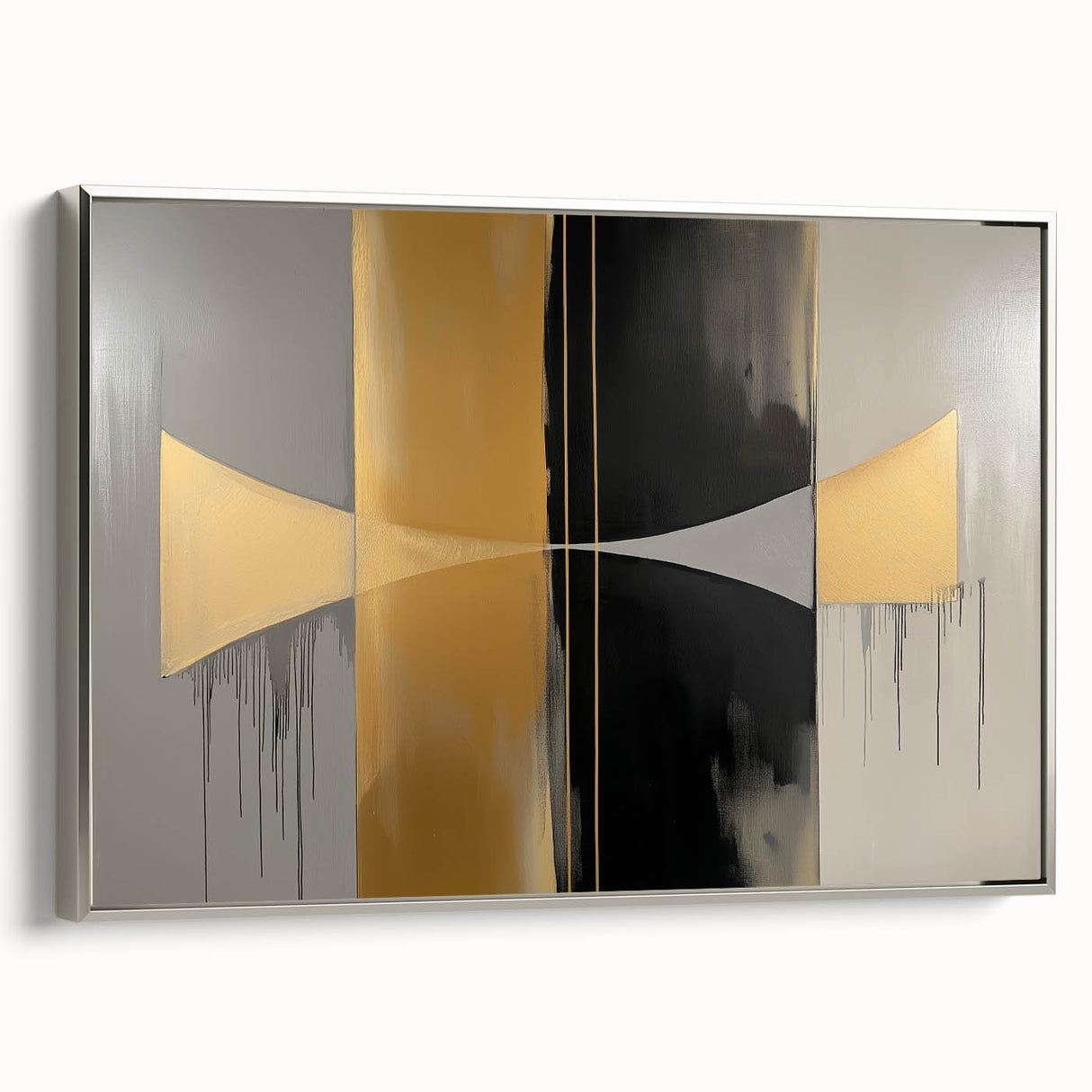 Framed abstract geometric canvas art with a silver frame, showcasing vibrant shapes and lines, perfect for modern home decor, side view emphasizing its depth.