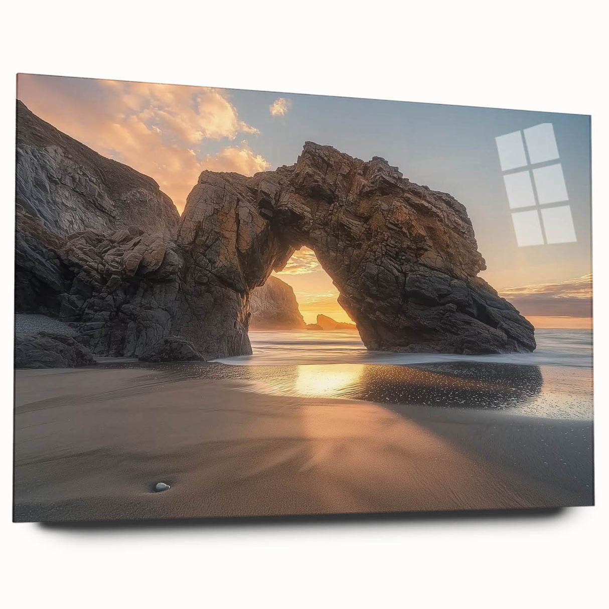 Acrylic glass artwork showcasing a serene beach landscape with vibrant colors, displayed from a side view, emphasizing the smooth finish and modern design. Perfect for coastal-themed decor.