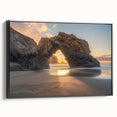 Framed landscape canvas artwork showcasing vibrant beach scenery with a black frame, highlighting serene ocean waves and golden sand, perfect for home decor.