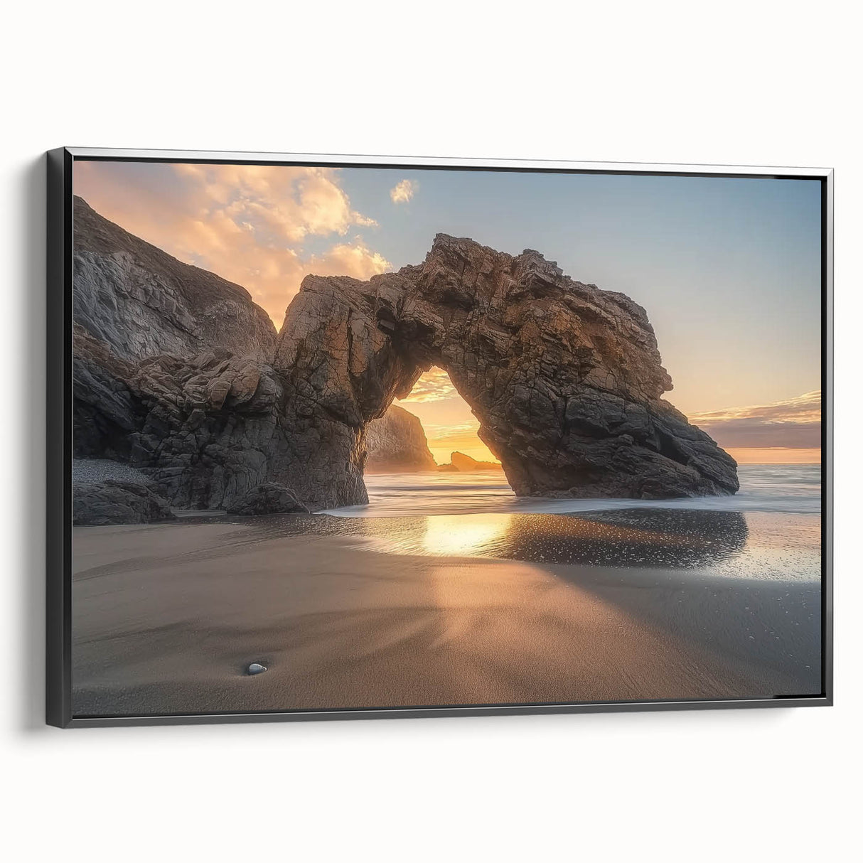 Framed landscape canvas artwork showcasing vibrant beach scenery with a black frame, highlighting serene ocean waves and golden sand, perfect for home decor.