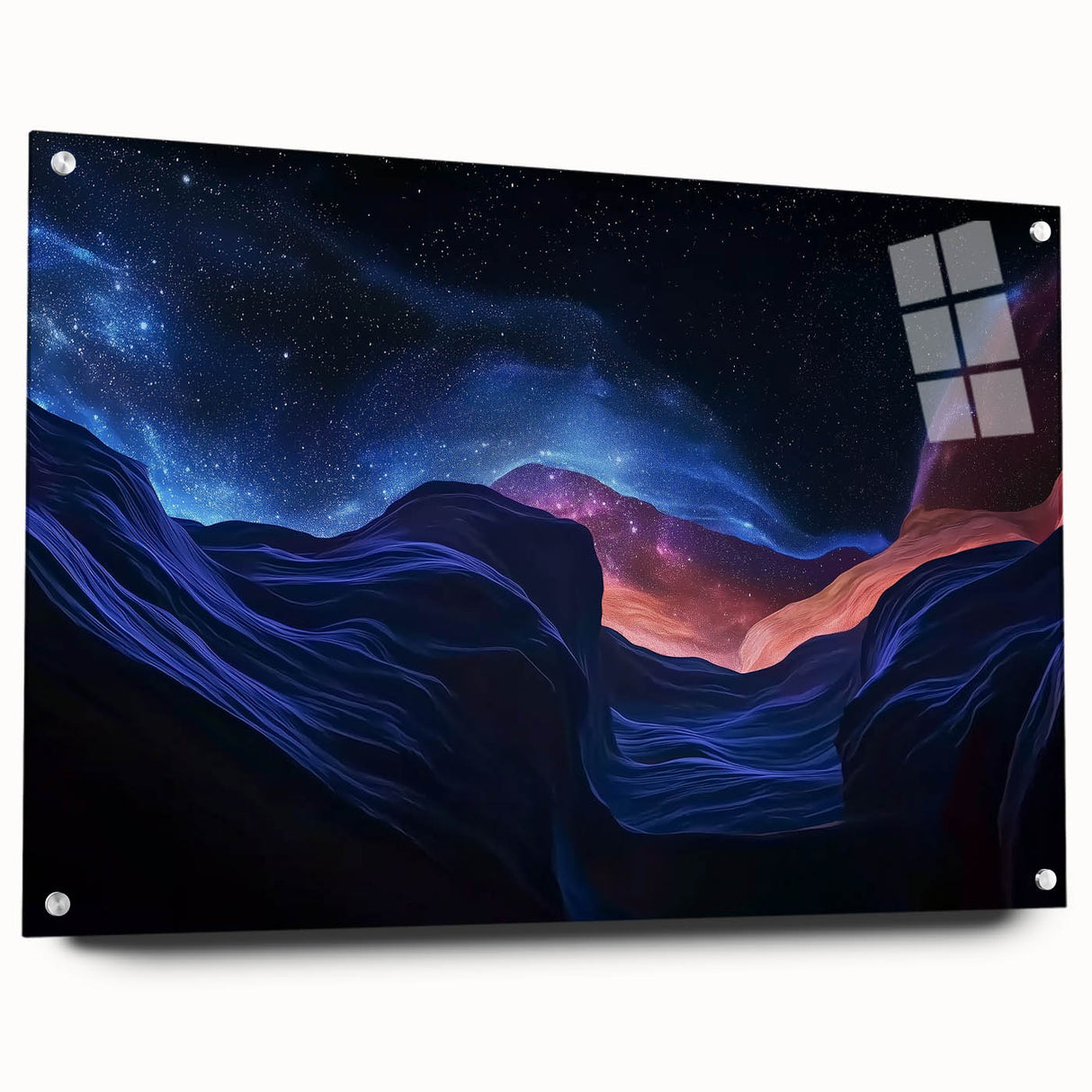 Acrylic wall art featuring a stunning landscape view of canyons, showcasing vibrant colors and intricate details. Perfect for modern home decor, displayed with pins for easy hanging.