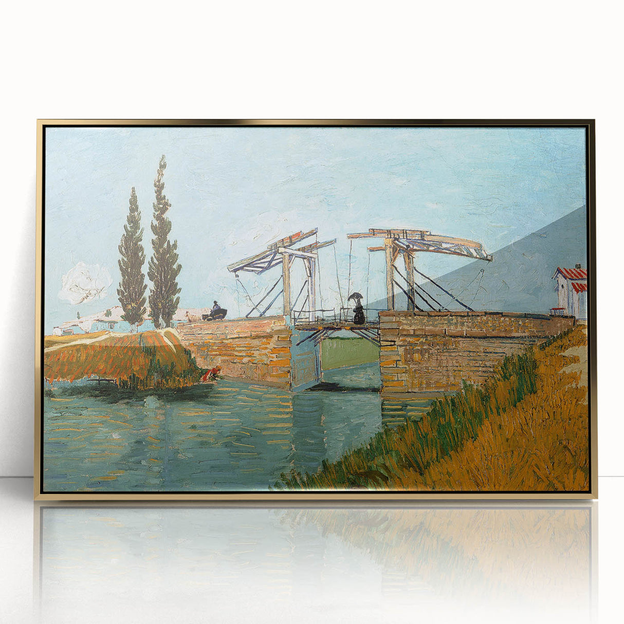 Art deco poster of a Van Gogh painting in muted gold tones, framed in acrylic, ideal for modern nursery wall art.