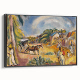 Modern Wall Art: Vibrant Landscape with Figures and Horse Carriage